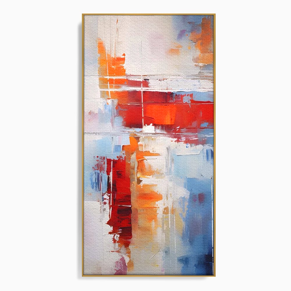Tablou canvas cu pictura abstracta cu rosu si albastru, in rama de aluminiu auriu